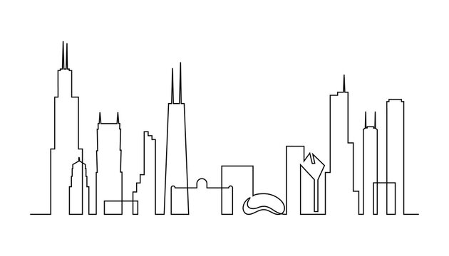 Single-line illustration of the Chicago skyline, including the Willis Tower, Tribune Tower, and Cloud Gate